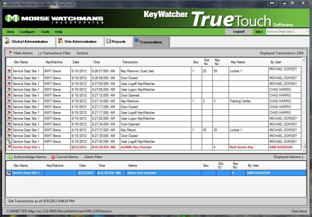 TrueTouch transactions - alarm section shown with alarm 1